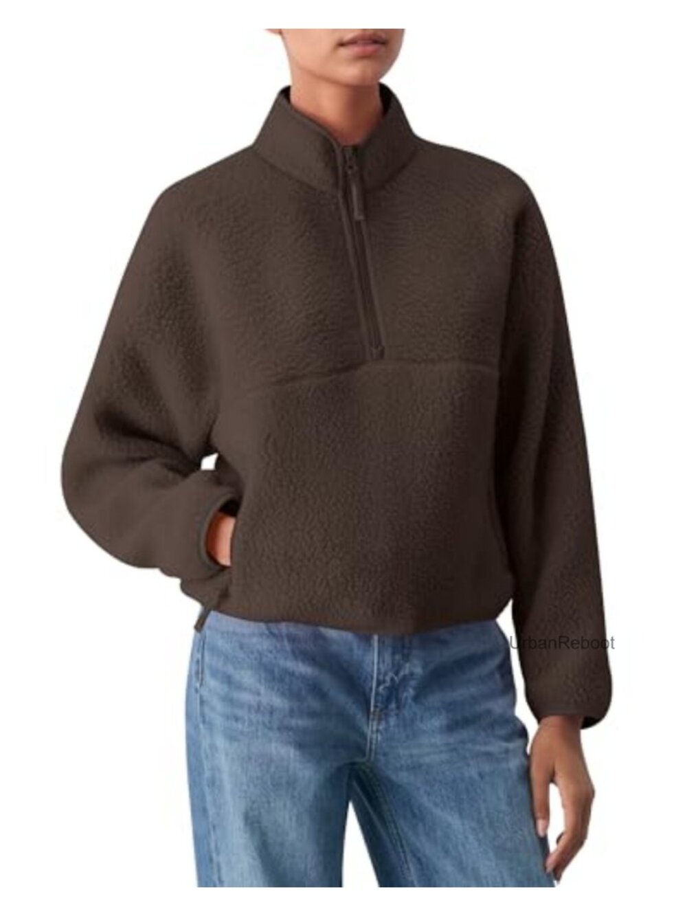 Womens Fleece Jacket Winter Half Zip Long Sleeve Cropped Warm Fuzzy Outerwear